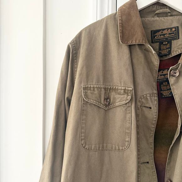 Eddie Bauer Khaki Vintage 80s Chore Jacket Tan Corduroy Collar Cuffs MP Lined - Picture 3 of 10